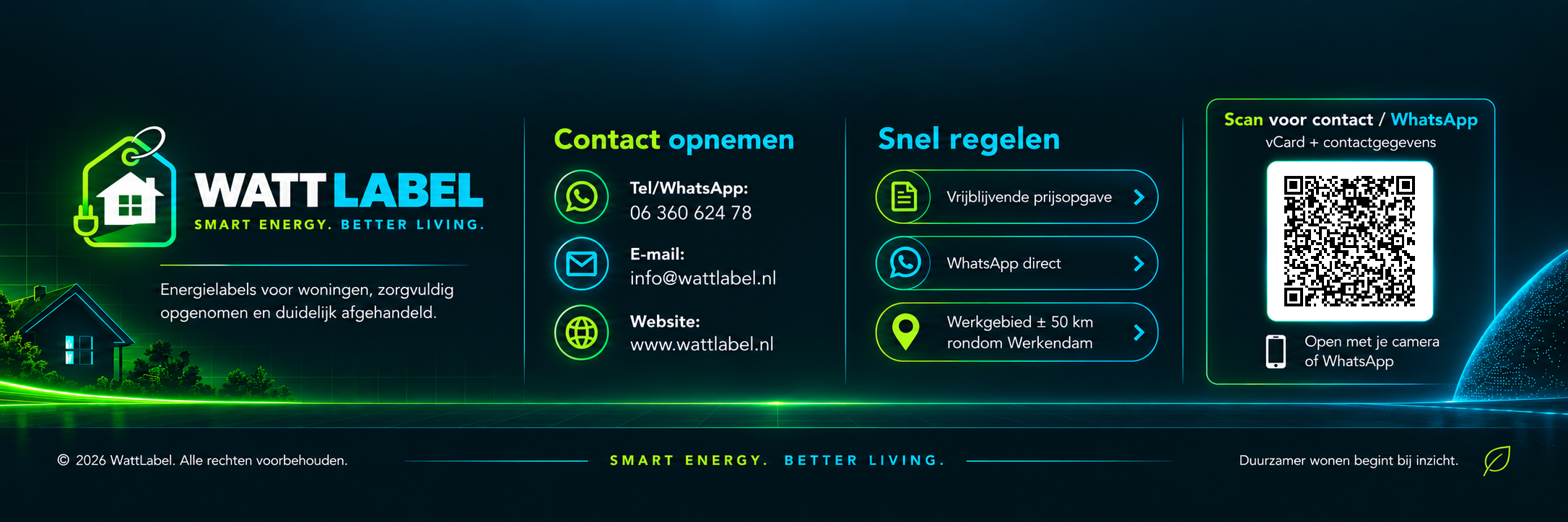 WattLabel contactgegevens, vrijblijvende prijsopgave, WhatsApp en QR-code